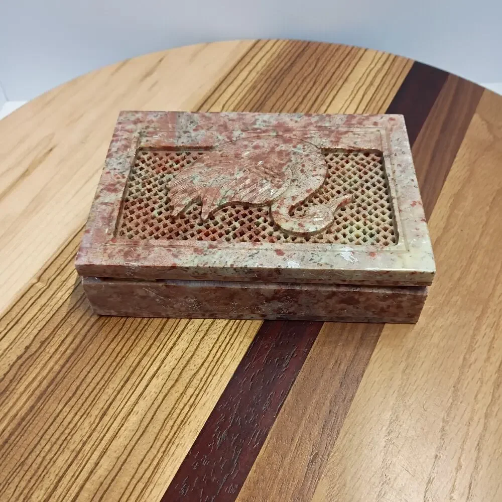 Vintage Swan Carved Soapstone Trinket Jewelry Box India Hinged MCM 6x4 Rectangle